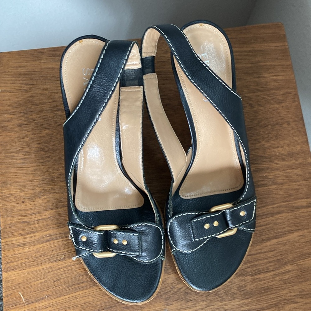 Franco Sarto Black Leather Heel Sandals, Women’s size 9
